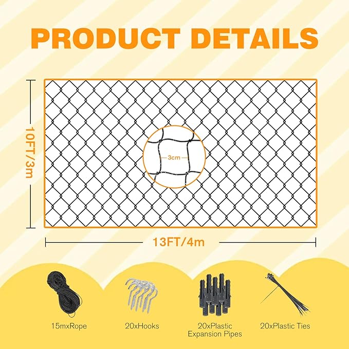 Steel Reinforced Cat Netting for Balcony Anti-Fall Fence Safety Net, Extra Strong Cat Net for Catio Safety Cat Balcony Netting for Pets Cat Proof Screen Pet Net Cat Balcony Protection Barrier10FTx13FT