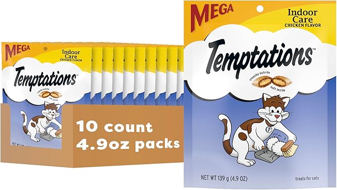 Temptations Cat Treats Indoor Care, Classic Crunchy and Soft Cat Treats, Tasty Chicken Flavor, 4.9 oz. Pouch (Pack of 10)