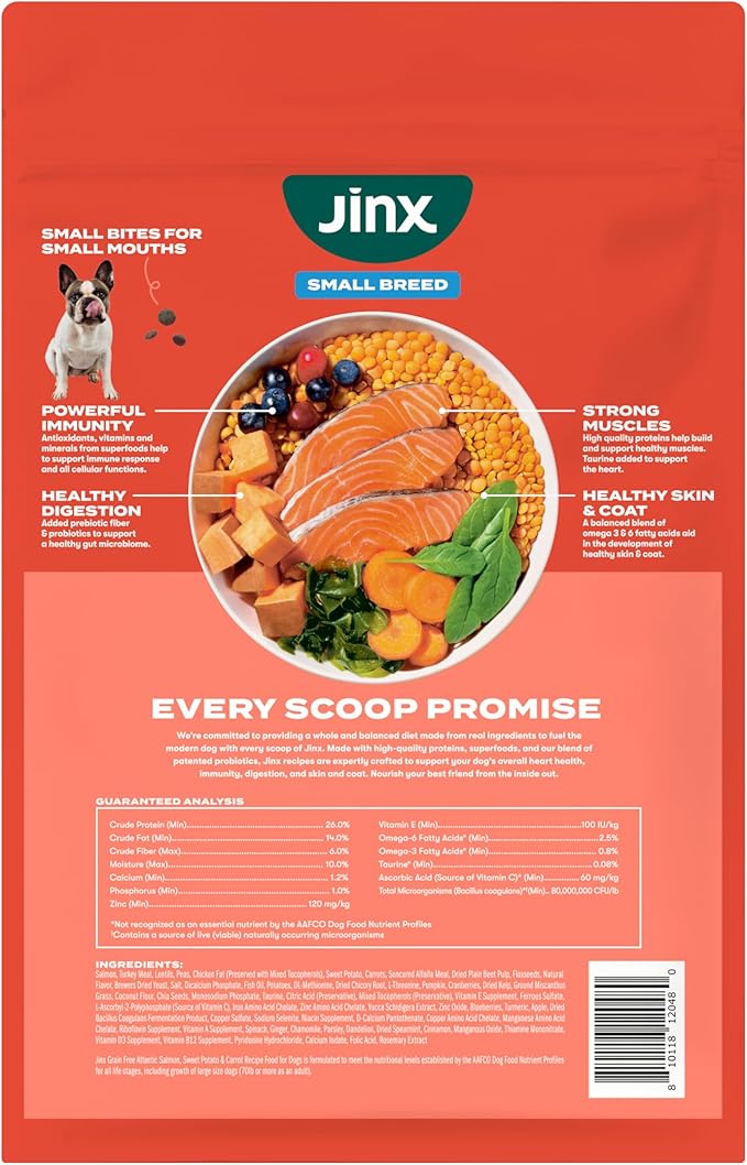 Jinx Premium Small Breed Dog Food Dry - Real Salmon & Sweet Potato Kibble with Superfoods for Immune Support & Probiotics for Digestive Support - No Fillers – 11.5lb