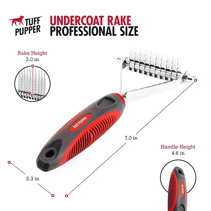 Tuff Pupper Dog Undercoat Rake Tool | Easily & Safely Remove Dead, Matted Or Knotted Hair | Ergonomic Dematting Comb For Thick Coats | Non-Slip Safety Handle Provides Precision Control Against Knots