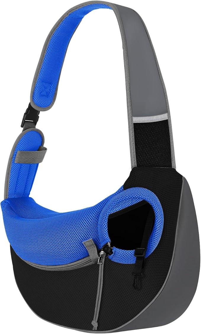 Pawaboo Dog Sling Carrier, Hand Free Breathable Mesh Bag for Puppy Cat, Drawstring Dog Papoose with Adjustable Strap and Pocket, Crossbody Satchel Dogs Purse for Outdoor Travel, L, Indigo