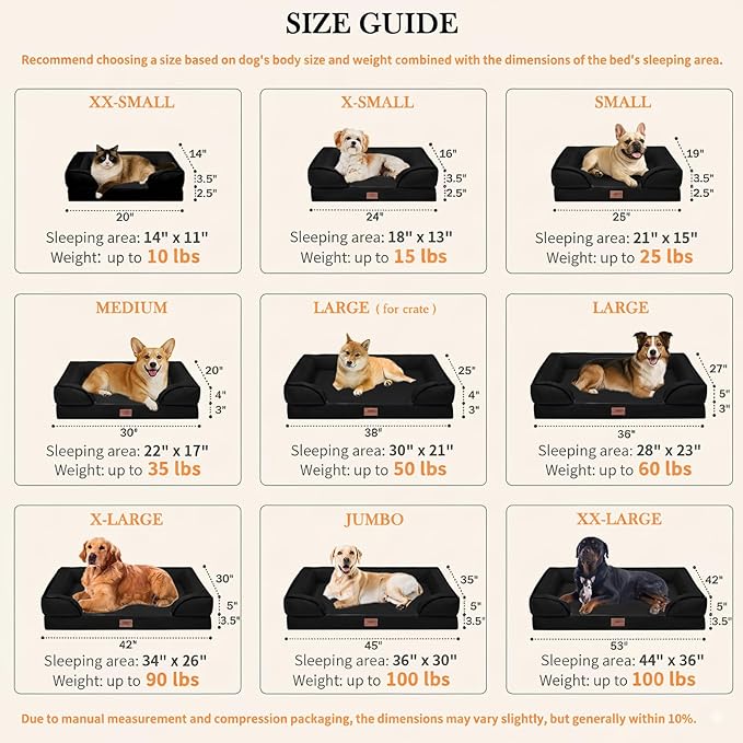 Comfort Expression Orthopedic Dog Bed for Large Dogs 35x22 Inch, Waterproof Egg Crate Foam Large Pet Bed with Removable Bolsters, Dog Couch with Washable Cover & Non-Slip Bottom, Black