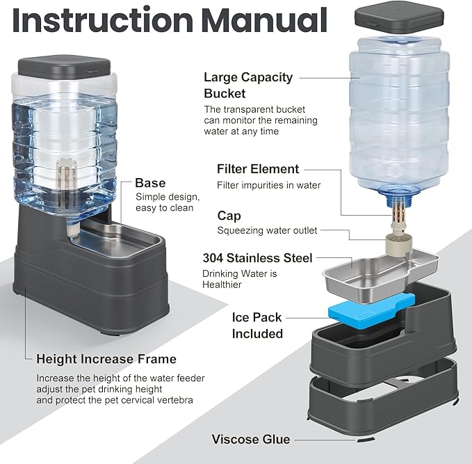 Automatic Dog Water Dispenser Gravity Stainless Steel Water Feeder Cat Waterer Feeder with Wide Mouth Bowl for Small Medium Dog Puppy Kitten (Filter &Ice Pack Included) 2.2Gallon Gray