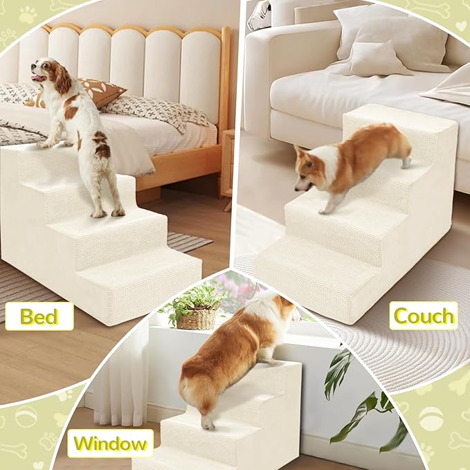 Niubya Dog Stairs for Small Dogs and Cats,18'H Non-Slip Bottom Pet Steps for High Beds and Couch,High-Density Foam Pet Stairs White,4 Steps