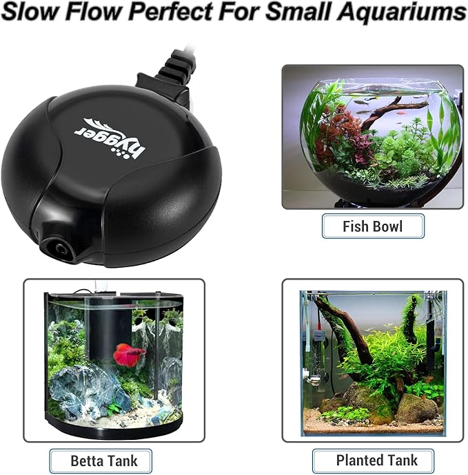 hygger Quiet Mini Air Pump for Aquarium 1.5 Watt Oxygen Fish Air Pump for 1-15 Gallon Fish Tank with Air Stone Air Tubing Clip Black