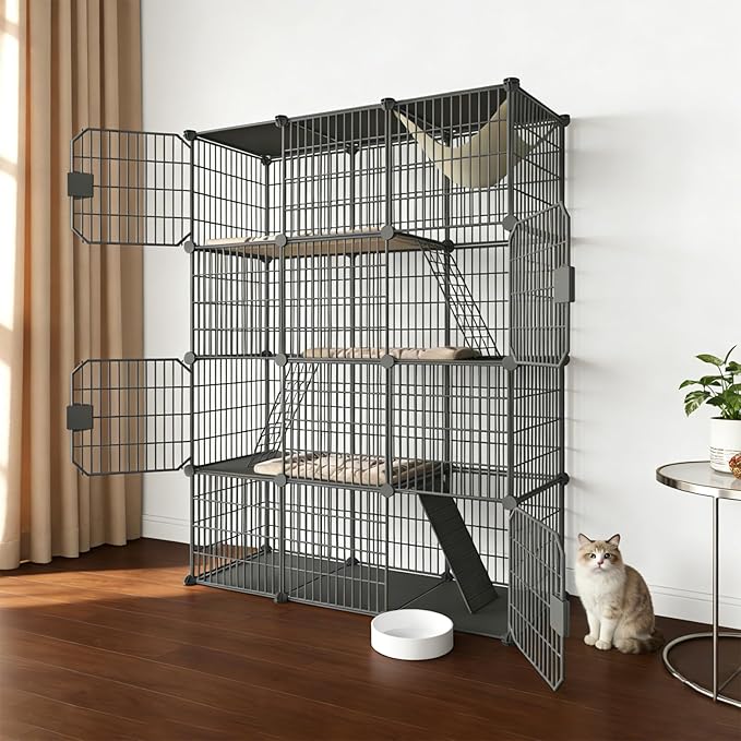 Large 4-Tier Cat Cage Indoor, DIY Cat Enclosures Detachable Metal Wire, Indoor Cat Crate Exercise Place Ideal for Kitty, Small Animals (Black, 41" L x 14" W x 55" H, 7)
