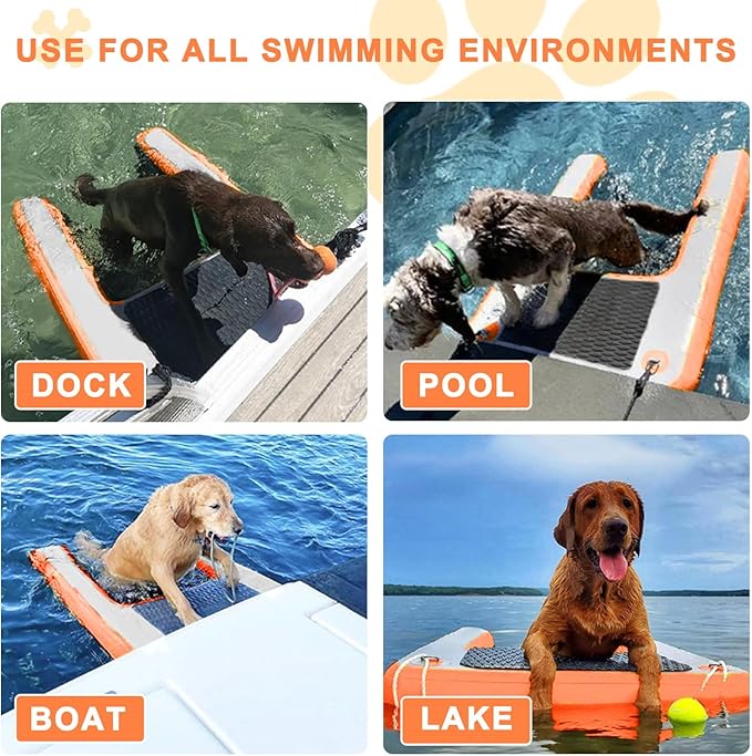 Inflatable Dog Water Ramp, Non-Slip Floating Dock Ladder for Pools, Boats & Lakes, Pool Ramp for Dogs Up to 200 Pounds, Orange