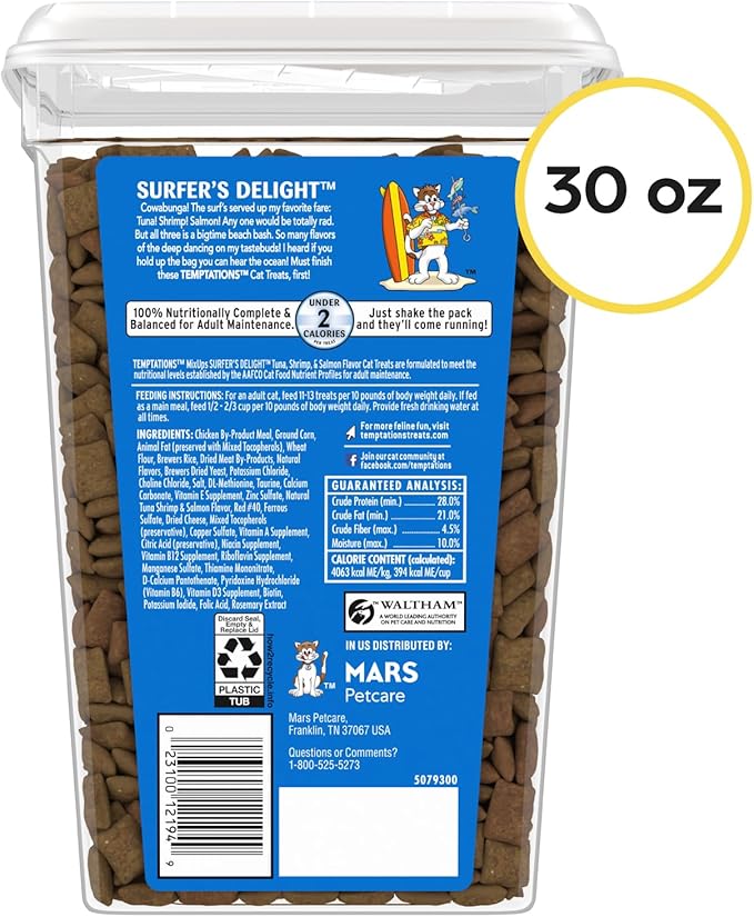 Temptations Cat Treats MixUps Surfer's Delight, Tuna, Shrimp, Salmon Flavor, Crunchy and Soft Cat Treats, 30 oz. Tub