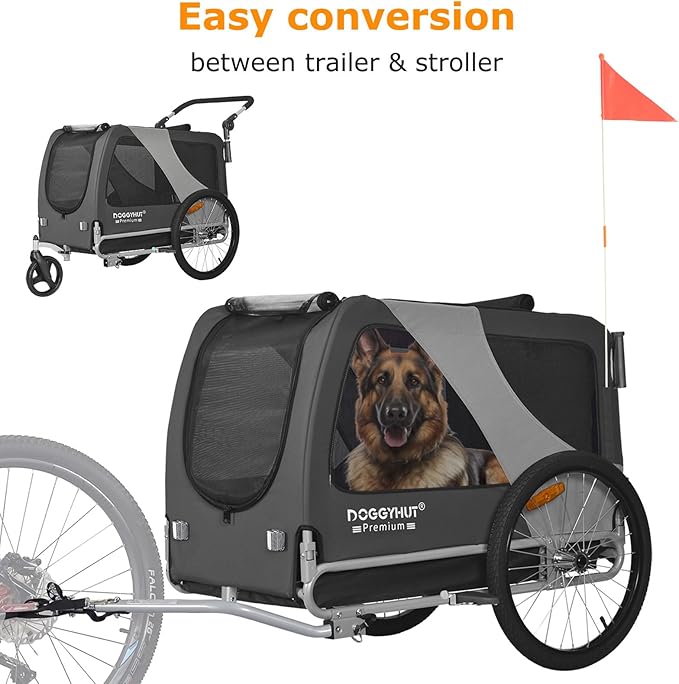 DOGGYHUT® Premium Large/XL Pet Bike Trailer & Stroller for Large Sized Dog or Multiple Small Dogs,Low Center of Gravity,Parking Brakes,Easy Folding Frame,Bicycle Carrier