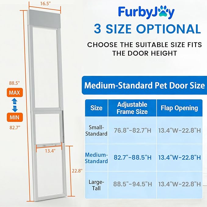 Anti-Shatter Dog Door for Sliding Glass Door,White Sliding Glass Dog Door Insert with Adjustable Height 82.7” to 88.5”, No-Cut DIY Installation,Aluminum Frame & Secure Lock for Large Dogs