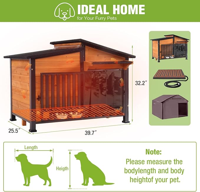 GUTINNEEN Large Heated Dog House Outdoor Insulated Dog Kennel Weatherproof with Safe Heating Pad, Full 6-Sided Insulation, Chew-Proof Metal Frame, Rotatable Spill-Proof Bowl for Large Dog Breeds