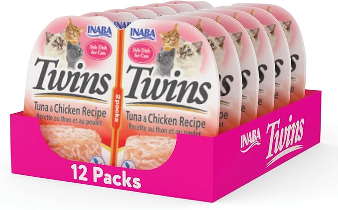 INABA Twins for Cats, Grain-Free Shredded Chicken & Broth Gelée Side Dish/Complement/Topper Cups, 1.23 Ounces per Serving, 14.76 Ounces Total (12 Servings), Tuna & Chicken Recipe