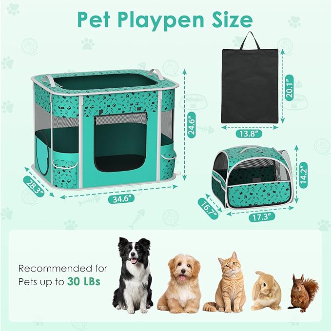 Cat Playpen - Portable Dog Playpen with Litter Box, Foldable Soft Dog Crate for Indoor/Outdoor, Pop Up Cat Enclosure, Collapsible Puppy Kitten Rabbit Cage Tent，2-Room