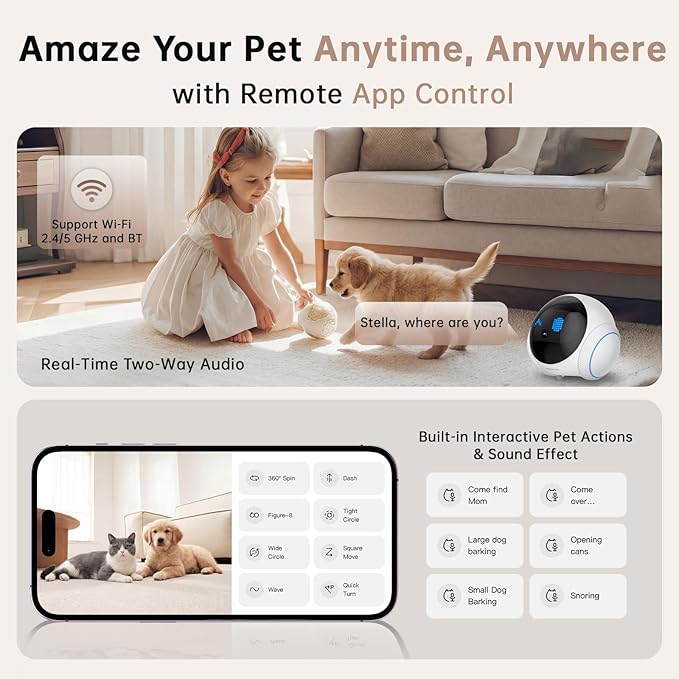 2026 Upgraded Pet Camera Movable 1080P, 2-Way Audio Cat/Dog Camera Robot, Night Vision, Battery-Operated, Auto-Recharge Smart Cam with App Control, Motion Detection, Support Cloud & SD Card Storage