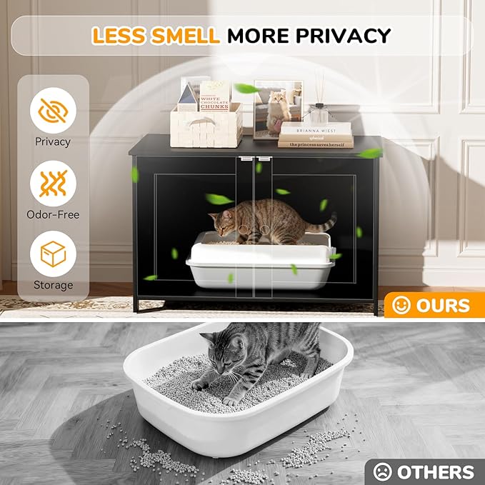 Cat Litter Box Enclosure Furniture Dog Proof, Hidden Kitty Washroom Cabinet Low Entry, Wooden Cat Boxes Enclosure Odor Control for Home, Farmhouse Style Decorative TV Stand with Storage, Black