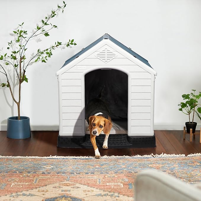 LEMBERI Durable Waterproof Plastic Dog House for Small to Large Sized Dogs, Indoor Outdoor Doghouse Insulated Puppy Shelter with Elevated Floor, Easy to Assemble (Blue with Liner, 42''L*38''W*39''H)