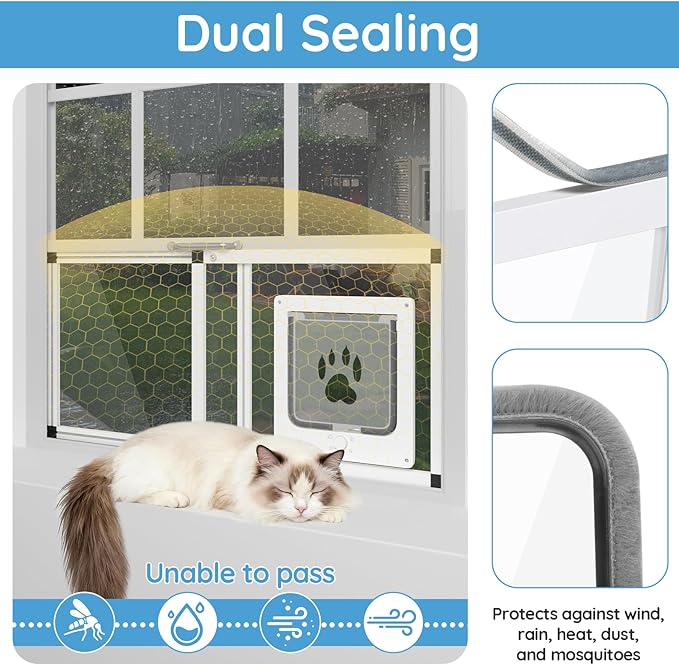 Sliding Cat Door for Window, Fits 37"-45" Width Window, 2-Min Install | Aluminum Frame + HD Glass | Weatherproof Design | Magnetic Closure Window Cat Door Insert, Adjustable Pet Door Window for Cats