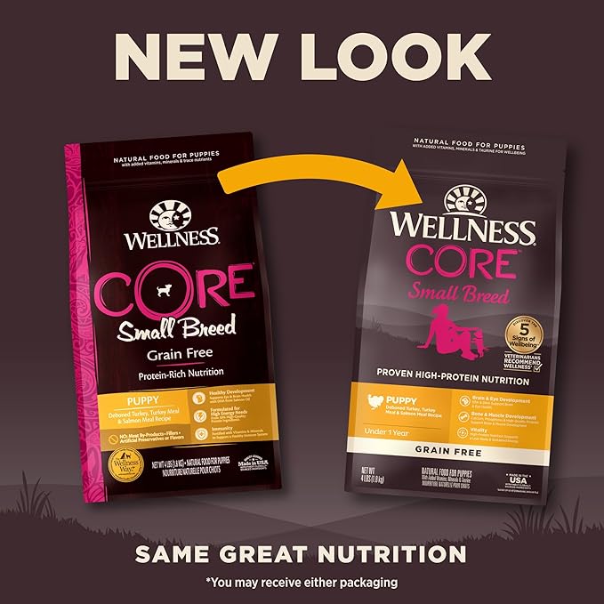 Wellness CORE Small Breed Puppy Dry Dog Food, Grain Free Kibble, Natural, High Protein, Turkey and Salmon Recipe, 4 lb Bag