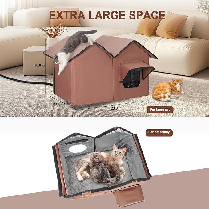 Large Heated Cat House for Outside in Winter, Elevated Waterproof Cat House for Outdoor Cats with Heating Pad, Insulated Heated Outdoor Cat House Weatherproof for Stray Cats Small Dogs (Brown)