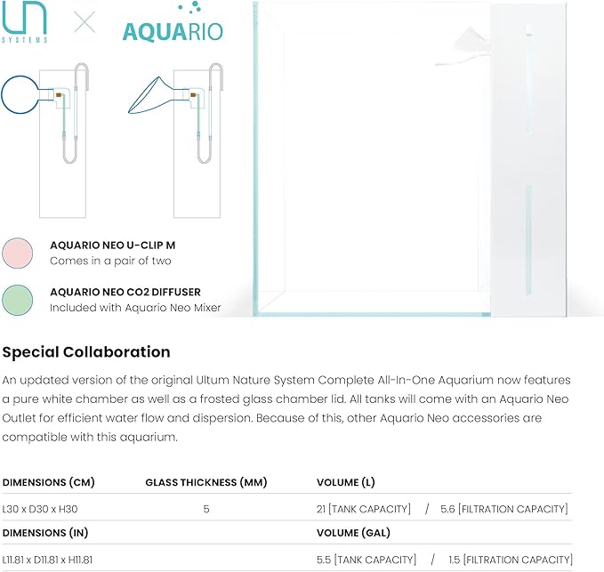 Ultum Nature Systems Rimless All in One Aquarium - Cube Fish Tank, Freshwater AIO Aquarium, Rimless Fish Tank w/Triple-Chamber Filter & White Background - 7 Gallon - 11.81" x 11.81" x 11.81" - 30A