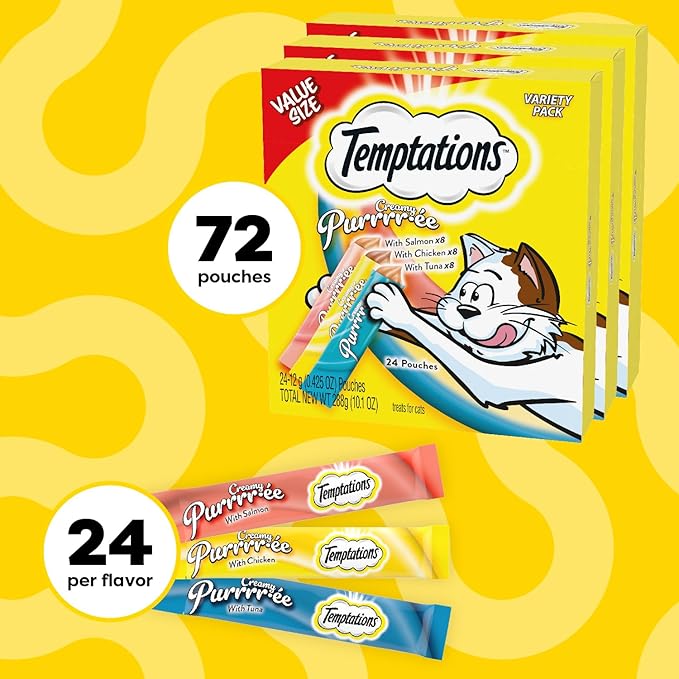 Temptations Creamy Puree Squeezable Lickable Cat Treats, Wet Cat Treats with Chicken, Salmon, and Tuna Variety Pack, 0.42 oz. Tubes, 24 Count, Pack of 3 (72 Total)