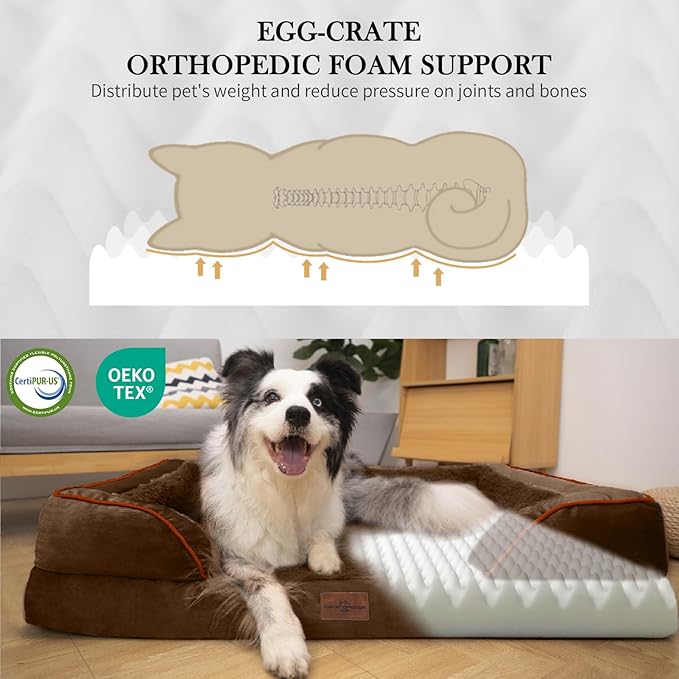 Comfort Expression Orthopedic Dog Bed for Medium Dogs 28x19 Inch, Waterproof Egg Crate Foam Medium Pet Bed with Removable Bolsters, Dog Couch with Washable Cover & Non-Slip Bottom, Dark Brown