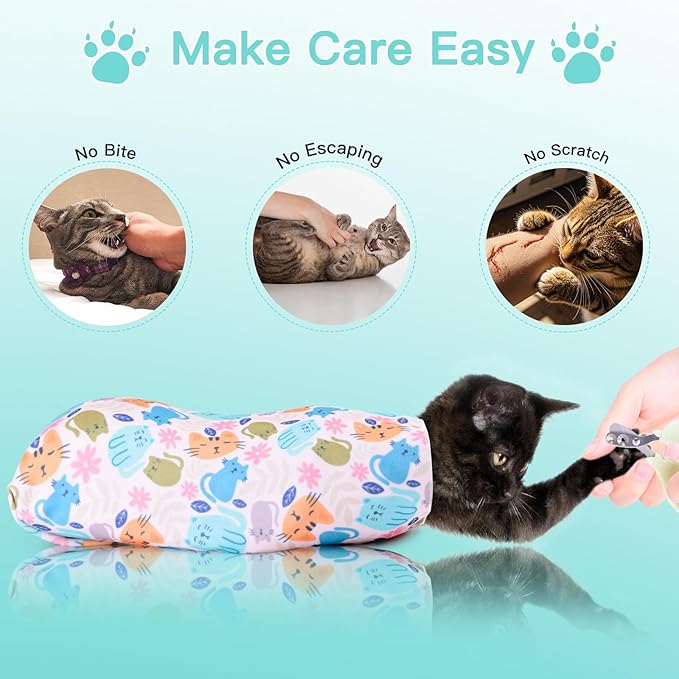 17.7" Cat Grooming Wrap, Cat Wrap for Cutting Nails, Self-Adherent Fabric Wrap for Cats, Cat Burrito Wrap Anti-Scratch, Anti-Escape, Multifunctional Swaddle Wrap Pet Tool (Floral, Medium)
