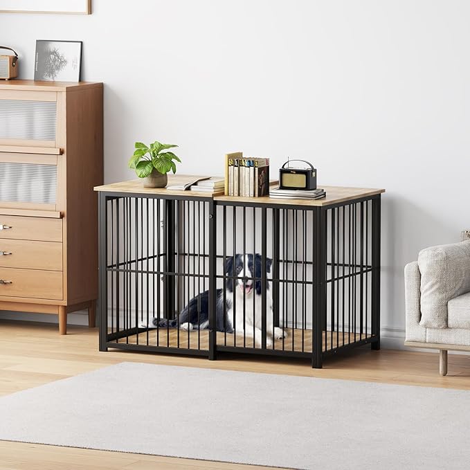 Erinnyees 45.6" Dog Crate Furniture, Wooden Dog Kennel with Retractable Design for Small Medium Large Dogs, Heavy-Duty Side Table Style Indoor Dog Cage with Cushion, 24–45.6 Inch