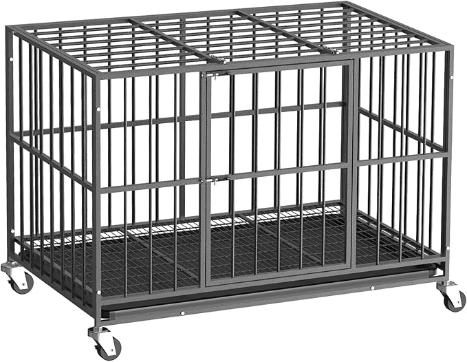 48 Inch Heavy Duty Dog Crate, Indestructible Escape-Proof Dog Kennel for High Anxiety Large Dogs, Strong Metal Pet Cage with Double Doors, Lockable Wheels & Removable Tray, XL XXL XXXL
