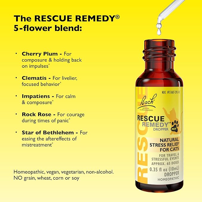 Rescue Remedy Pet Dropper for Cats - 10 mL - Stress & Tension Support for Cats with Bach Natural Flower Essences - Sedative-Free, Homeopathic Liquid Formula - For All Breeds, Ages & Weights