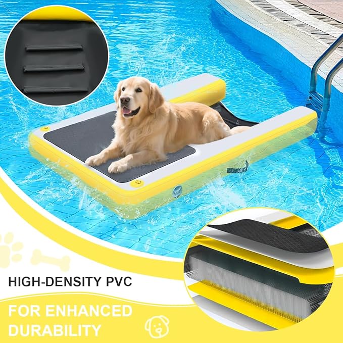 Dog Pool Ramp, Inflatable Dog Boat Ramp, Non-Slip EVA Inflatable Floating Dock Ladder for Pools Boats Docks, Safe & Easy Water Access for Large Dogs, Yellow