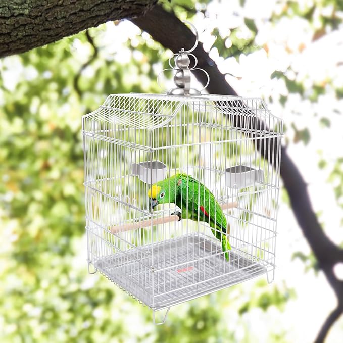 Stainless Steel Bird Cage Parrot Cage, Rustproof Hanging Birdcage Bird Travel Cage Parakeet Cage, Encrypted Bird House Birds Starter Kit Pet Bird Flight Cage for Medium & Small Birds