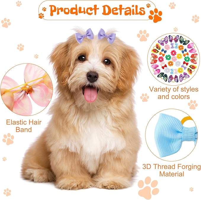 Janinka 36 Pieces Dog Hair Bows with Rubber Bands Easter Butterfly Bows for Small Size Dog Girl Flower Pearls Elastic Hair Ties Bands for Pets Puppy Cats Grooming Accessories(Fresh Color)