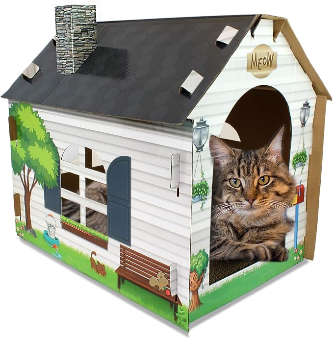 ASPCA Cardboard Cat House Hideaway Playhouse with Cat Scratcher Scratching Pad 19" L x 13" W x 17" H