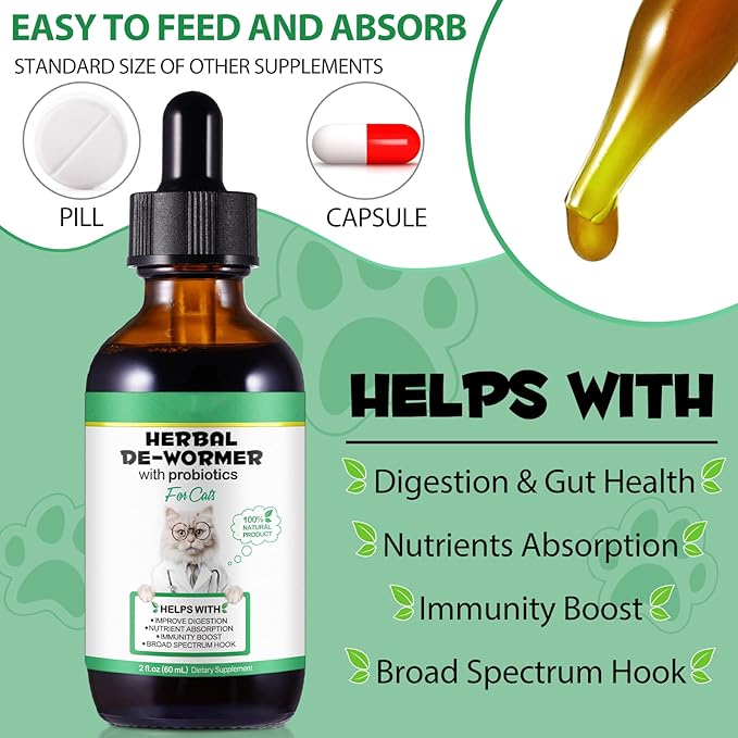 Specifically Formulated for Cats,Naturally Sourced Ingredients,Cats Natural Broad Spectrum Treatment with Probiotics,Gut Health,Digestive Support for All Cat All Ages and Breeds