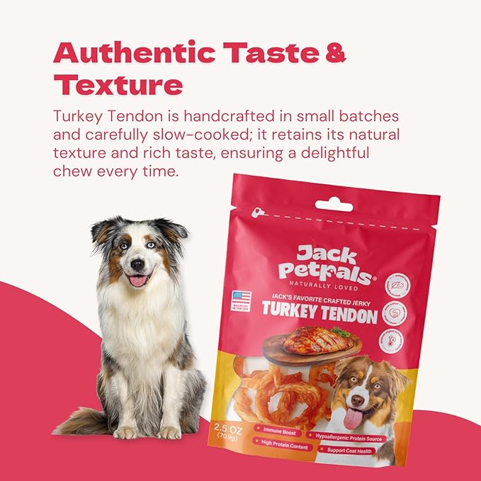 Jack’s Favorite Crafted Jerky Turkey Tendon - Premium Natural Turkey Tendon Jerky for Dogs - High Protein, Low-Fat - Supports Coat & Immune Health - Training Treats - 2.5 oz - 1 Pack