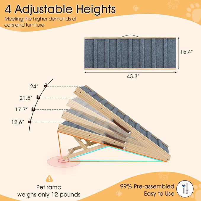 Dog Ramp for Bed, 43.3" Long Wooden Pet Ramp for Small & Large Dogs, 4 Adjustable Heights 12.6" to 24" with Anti-Slip Carpet & Carrying Handle Holds, Portable Dog ramps for Car, Bed, Couch, Outdoo