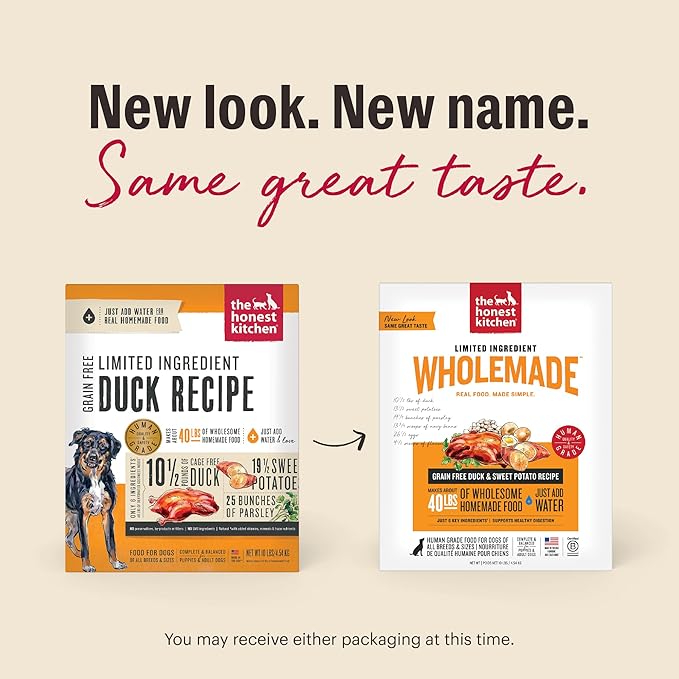 The Honest Kitchen Human Grade Wholemade™ Dehydrated Dog Food, Limited Ingredient Dog Food, Duck & Sweet Potato, 10 lb (makes 40lbs)