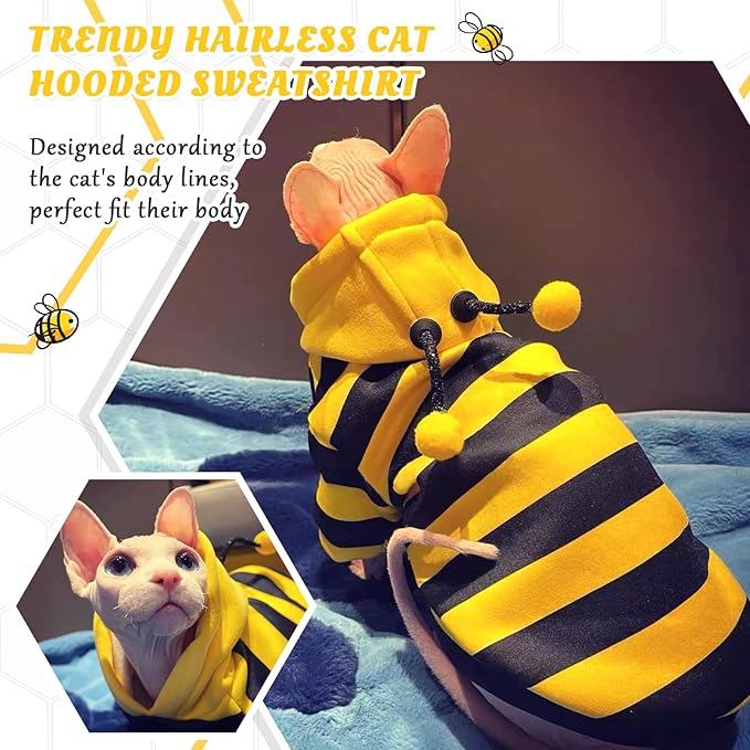 QBLEEV Sphynx Cat Clothes Honeybee, Cat Costumes for Cats Only, Hairless Cat Sweaters Warm Kitten Pullover Shirt, Cat's Pajamas Jumpsuit Apparel, Cat Outfits for Male Female Cats
