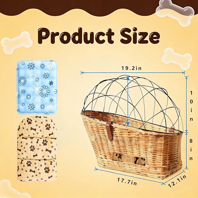 Dog Bike Basket Safe Portable Pet Bicycle Carrier for Small Dog Cat Natural Wicker with Protective Grille Luggage Rack Seat Ice Pad Comfort Cotton Cushion for Daily, Rides, Farmers'Markets Brown