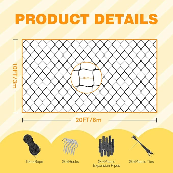 Steel Reinforced Cat Netting for Balcony Anti-Fall Fence Safety Net, Extra Strong Cat Net for Catio Safety Cat Balcony Netting for Pets Cat Proof Screen Pet Net Cat Balcony Protection Barrier10FTx20FT