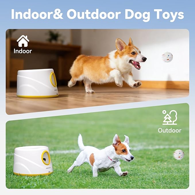 HETOO Automatic Ball Launcher for Dogs: Ball Launcher for Dogs - Automatic Tennis Ball Thrower for Dogs, with 6 Balls- Interactive Dog Toys - Small/Medium Sized Launcher- Yellow