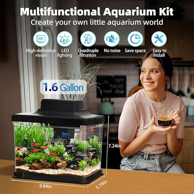 Small Fish Tank Ultra-Clear 1.6 Gallon Aquarium Starter Kits with LED Lighting and Filter System Beginner-Friendly Mini Betta Aquarium for Small Fish Shrimp Desktop Room Decoration