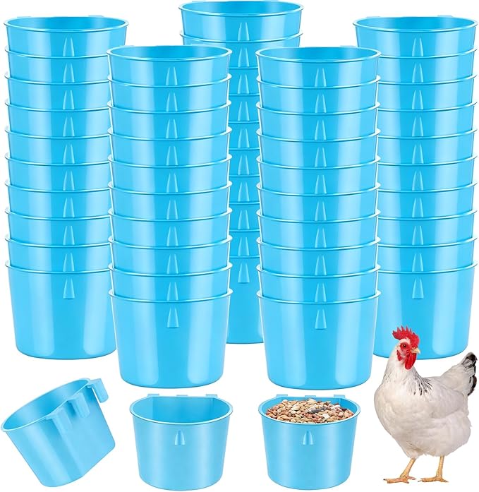 Sumind 60 Pcs Cage Cups Chicken Feeder Birds Hanging Feeders Seed Bowl 8 oz Plastic Water Bowl Hanging Chicken Gamefowl Waterer Feeding Watering Dish Coop Cups for Parrot Parakeet Poultry (Light Blue)