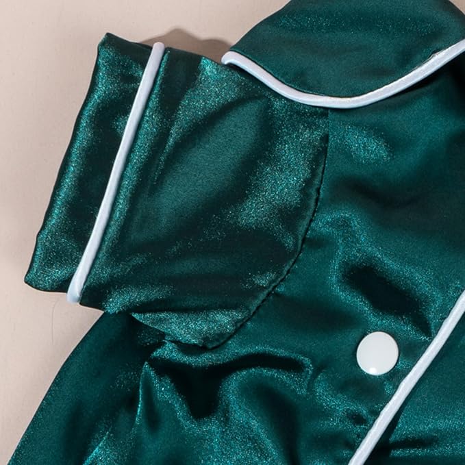 Cat Puppy Costume Elegant Satin Pajamas with Bow Headband 2PCs Set Pet Sleepwear Cute Pet Outfit Cosplay Partywear Photoshoots (Green Set,Large)