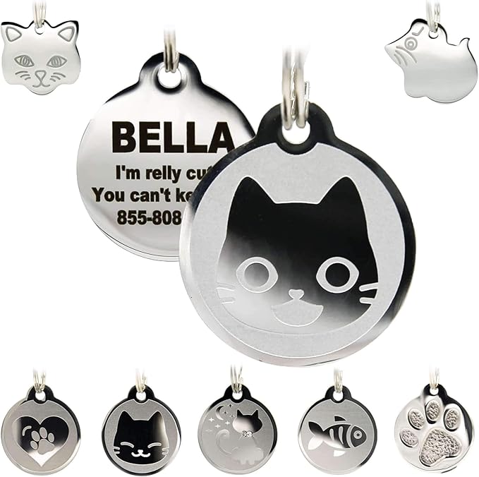 Stainless Steel Cat ID Tags - Engraved Personalized Cat Tags Includes up to 4 Lines of Text with Kitty Face Shape