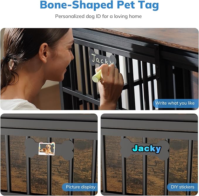 Petrova 47" Dog Crate Furniture for 1 Dogs, Heavy Duty Indoor Dog Kennel for Medium/Large Dogs, Wooden Dog Cage with Sliding Barn Door, Name Tag, Brown