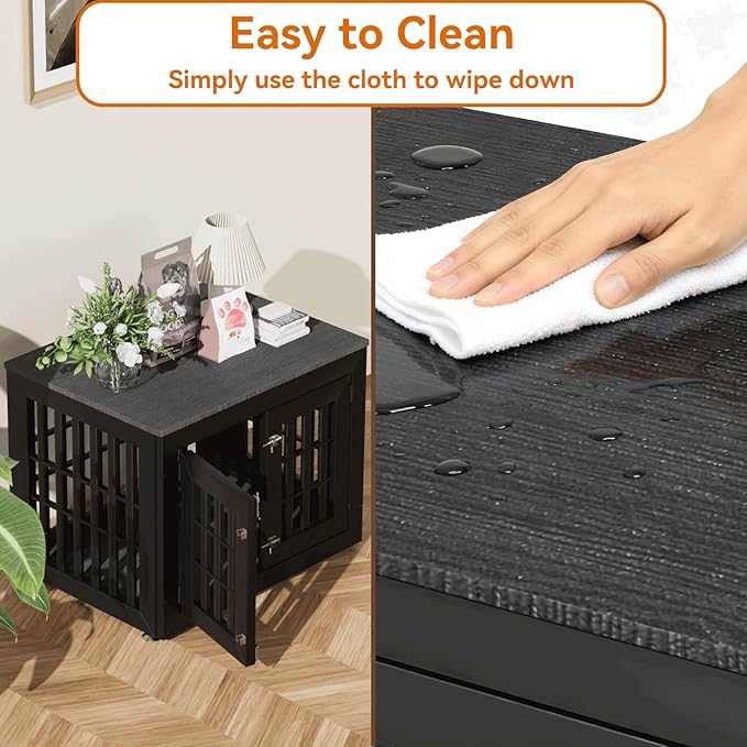 32" Heavy Duty Dog Crate Furniture for Small,Medium and Large Dogs,Rustic Wooden Dog Cage Kennel Indoor Furniture with Waterproof Top,Decorative Pet House Side End Table (Black)