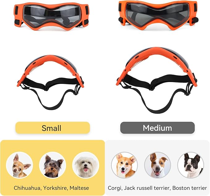 Small Breed Dog Goggles, Sunglasses with UV Protection, Adjustable Straps - Orange