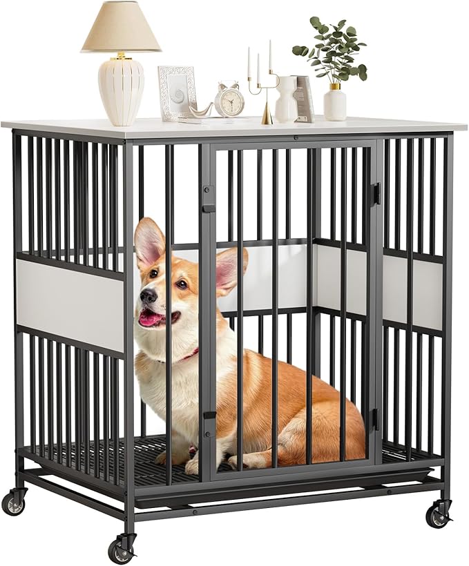 Dog Crate Furniture for Small Dogs, 31 Inch Indoor Puppy Kennel, Wooden Pet Cage Decorative Corner End Table with Caster Wheels & Removable Tray, White